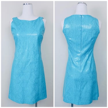 Y2K ABS Allen Schwartz Faux Leather Mini Dress / Vintage Blue Snakeskin Body Con Tank Dress / Size Small 