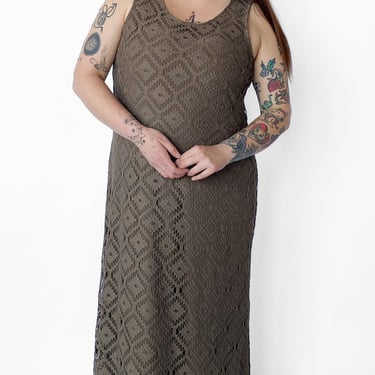 1990s Mossy Brown Lace Maxi Dress, sz. 1XL/2XL