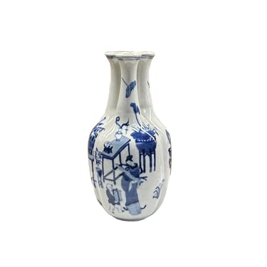 Blue White Oriental People Graphic 3 Mouths Porcelain Art Vase ws4815E 