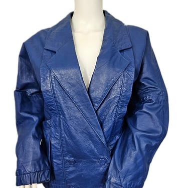 Yorn 1980's Blue Leather Oversized Jacket I Coat I Sz Med 