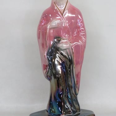 Japanese Lusterware Iridescent Pink and Black Man in Kimono Figurine 3863B