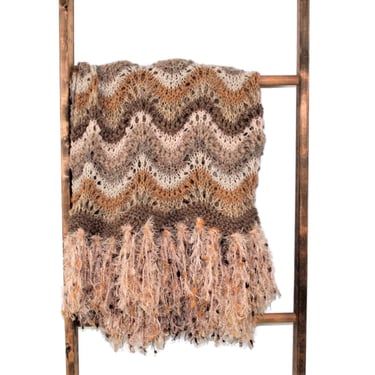Knitted Afghan with Fringe - Hand Knit Blanket Large Throw - Earth Tone Beige Brown & Taupe - Neutral Home Decor - Handmade Unique Gift Idea 