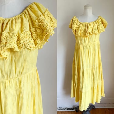 Vintage 1990s Lemon Yellow Gauze Dress / L 
