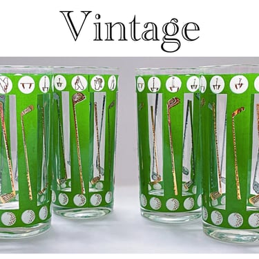 Golf barware, Vintage glassware cocktail glasses, Green & gold golf clubs on highball glasses, 19th hole golf gift 