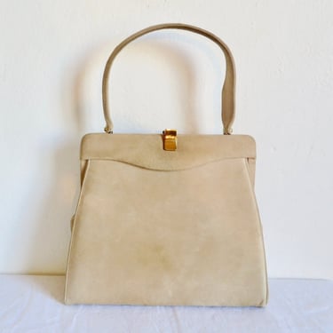 1960's Camel Beige Suede Structured Purse Top Handle Gold Metal Clasp 60's Mod Style Handbags MCM Purses Andrew Geller 