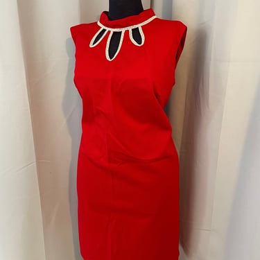 1960s Vintage Mod Dress Cherry Red with White Rhinestone Keyhole Cut Outs XL 
