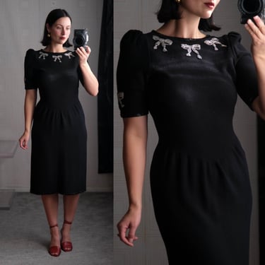 Vintage 70s ADOLFO at Saks Fifth Avenue Black Santana Knit Crystal Bow & Beaded Cocktail Evening Dress | 1970s Designer Holiday Party Dress 