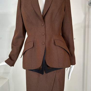 Thierry Mugler Brown Wool Twill Skirt Set Cut Out Collar &amp; Hem 1980s 40