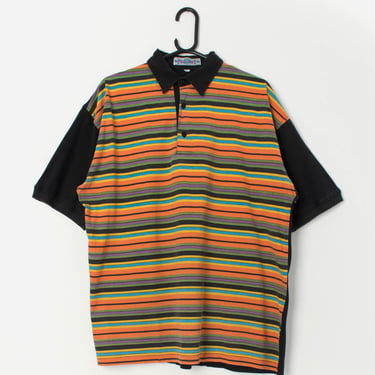 Vintage black polo shirt with multicoloured stripes - Large 