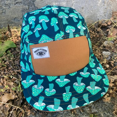 Handmade 5 Panel Camp Hat, Baseball Cap, five panel hat, Snap Back, 5panel hat, gift for her, teal green psychedelic mushroom festival hat 