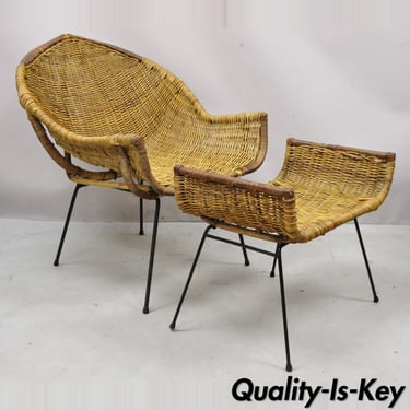 Danny Ho Fong Tropi-Cal Rattan and Wrought Iron Mid Century Lounge Chair Ottoman