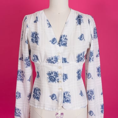 RARE 1970s Trafalgar Square Lightweight Cotton Fitted Floral Top with Tie and Puff Sleeves S/M 