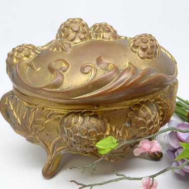 Antique Art Nouveau Gilded Pine Cone Jewelry Casket, Vintage Jewel Box Marked COON 371 