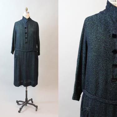 1920s RARE GREEN KNIT dropwaist dress large xl | new fall winter 