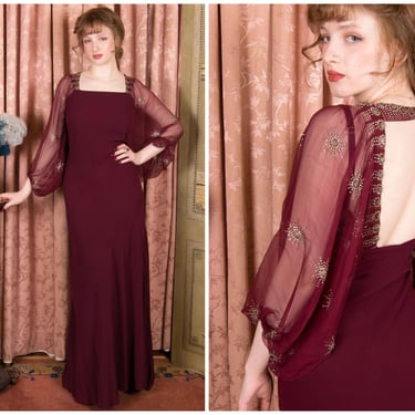 1930s Dress - Exquisite Rare 30s Open Backed Gown in Burgundy with Deep Sheer Sleeves and Unique Beaded Embellishment 