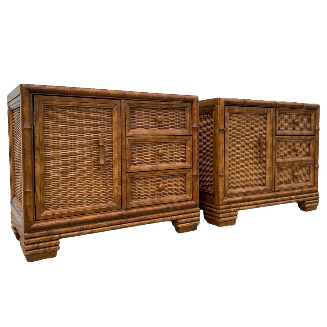 Set of 2 Hollywood Regency Nightstands with Faux Bamboo & Rattan Wicker