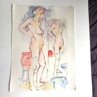 Vintage Figurative Nude Reflected in a Mirror, Watercolor Painting on heavy Rives French paper, signed and dated 2003, original artwork 