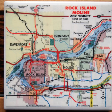 1967 Rock Island Illinois Moline Map Coaster. Davenport Iowa Map. Vintage Illinois Map. Midwest Décor. Midwestern. City Coasters Highway Map 