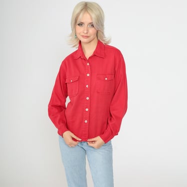 Vintage Red Button Up Blouse 90s Utility Shirt Grunge Long Sleeve Collared Shirt Chest Pocket Plain Retro 1990s Basic Faded Glory Medium 