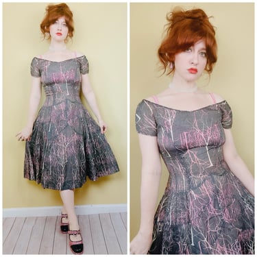 1950s Vintage Grey and Pink Tree Print Dress / 50s Sheer Cotton Fit and Flare Midi Dress / Medium - Large 