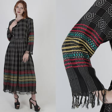 Ethnic Woven Fringe Dress / Lightweight Striped Black Resort Wear / Batik Tribal Print Cover Up Maxi Dress 