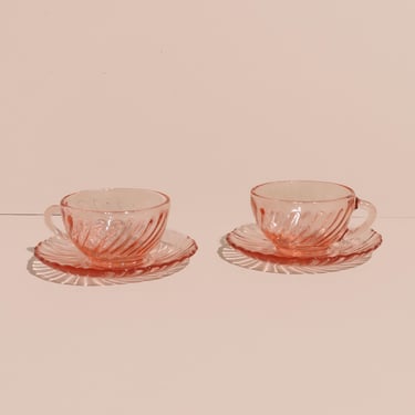 Vintage Small Pink Glass Espresso Cup Set, Pink Cups W/Saucers, Arcoroc France Glass Cup Sets 