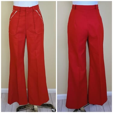 1970s Vintage Rust Orange Flared Pants / High Waisted Knit Polyester Bell Bottoms / Small Waist 26" 