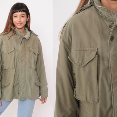 90s Military Jacket Faded Army Commando Cargo Distressed Field Jacket Zip Up Olive Drab Khaki Green Jacket 1990s Hood Men's Medium Short 