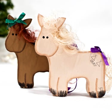 VINTAGE: 2 Wood Horse Ornaments - Handmade Horse Ornaments - Camp 1997 - Horse Figurines - Horse Ornaments - SKU 27-C4-00010614 