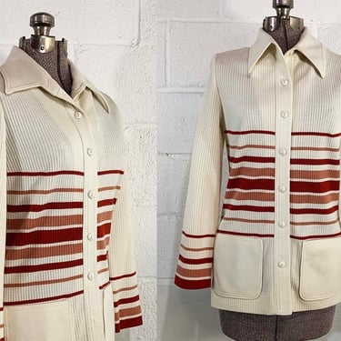 Vintage Striped Cardigan Sweater Long Sleeve Button Front Butte Knit Twin Peaks Red Stripe Ivory 1970s Small Medium 