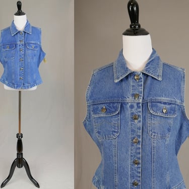 90s Sleeveless Denim Top or Vest - Deadstock w/ Tag - Cotton Blue Jean - Button Front - Great Land - Vintage 1990s - L 