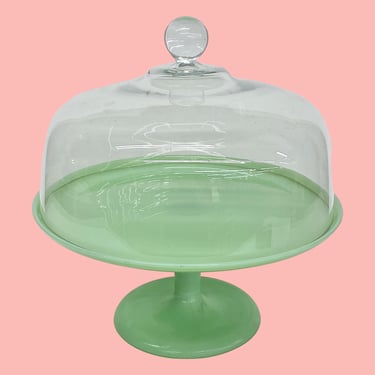 Vintage Covered Cake Stand Retro 2000s Farmhouse + Round + Jade Pedestal Base + Clear Glass Cloche + Dessert Storage + Kitchen + Home Decor 