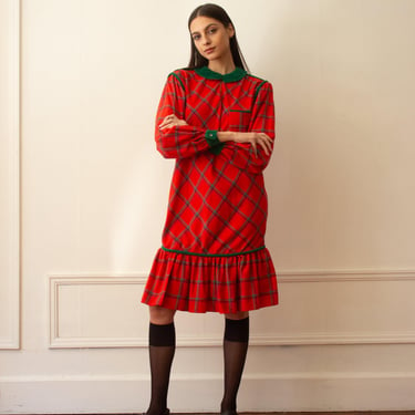 1980s Benetton Cotton Flannel Drop Waist Dress 