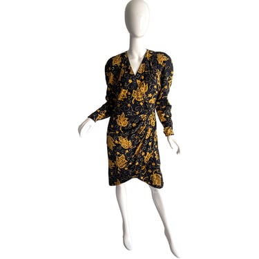 80s Starington Gold Baroque Dress / Vintage Silk Beaded Dress / 1980s Wrap Dress Large 