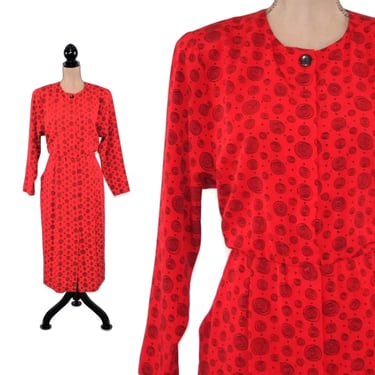 80s Geometric Red Print Midi Dress Medium, Long Sleeve Polyester Shoulder Pad Button Up with Pockets, 1980s Clothes for Women Vintage AXIOM 