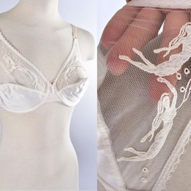 1970's MERMAID Vintage 36B Bra Warner- Not Sold In USA - Ivory Embroidered Lingerie Underwire Sexy Bra 