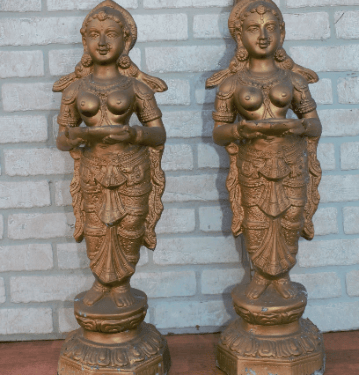 Vintage Bronze Patina "Deep Lady" Lakshmi Welcome Statues - Set of 2