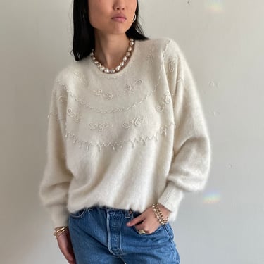 90s angora batwing sweater / vintage fuzzy creamy white angora embellished beaded pearl batwing embroidered soft oversized sweater | L 