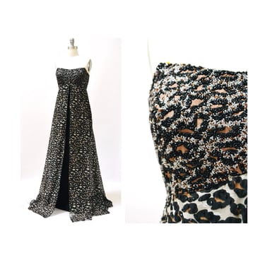 2000s y2k Vintage Bob Mackie Gown Dress Leopard Animal Print Beaded Dress Strapless Evening Gown Size Small Medium Bob Mackie Pageant Dress 