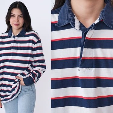 Striped Polo Shirt 90s Red Navy Blue White Long Sleeve Collared Shirt Retro Preppy Button Up Pullover Nerd 1990s Vintage Extra Large xl 