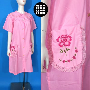 Sweet Vintage 60s 70s Pastel Pink Embroidered Flower Pocket Cotton House Dress 