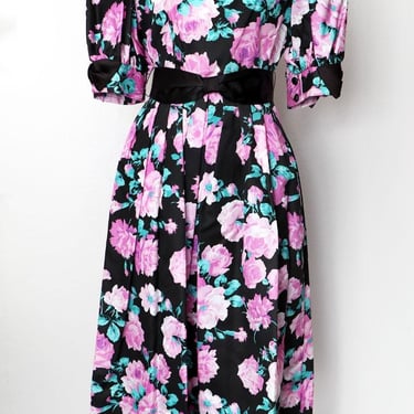 LANZ Floral Rose Print Dress, NEAR MINT 1980's Vintage Pink & Black Spring Summer Dress, Cottage Sun Dress, Full Skirt, Size 4 