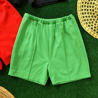 Retro Vintage 60s 70s Solid Green Double Knit Textured Polyester Stretch Shorts 
