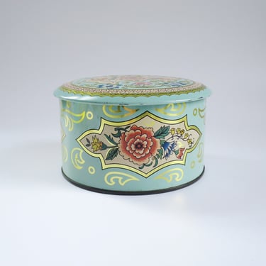 Daher Powder Tin, Pink and Turquoise Floral Storage Canister, Metal Storage Made in England 