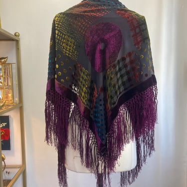 Vintage 80s SILK BURNOUT VELVET Piano Shawl Scarf / Abstract Dots + Checks / Jewel Tone Ombre Rainbow Colors + Purple Finge / Artwear Unique 