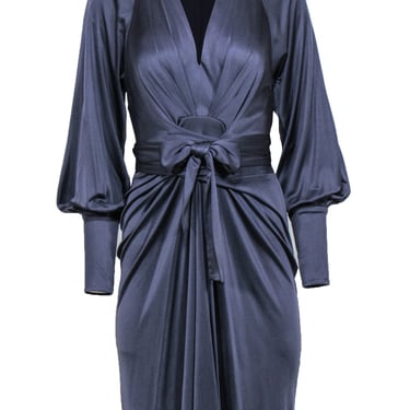 Issa London - Blue Silk Long Sleeve Tie Front Midi Dress Sz 4
