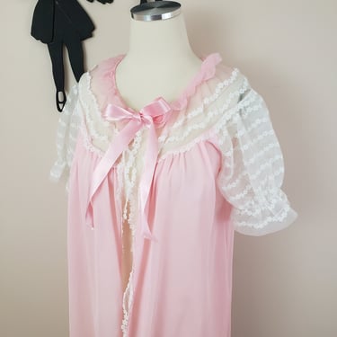 Vintage 1950's Pink Peignoir Bed Jacket Robe / 60s Lace Lounge Wear Lingerie S/M 