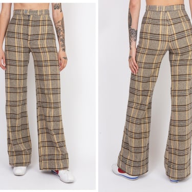 Vintage 1970s 70s Brown Grey Checkered High Waisted Wide Leg Flared Pants Trousers Slacks 