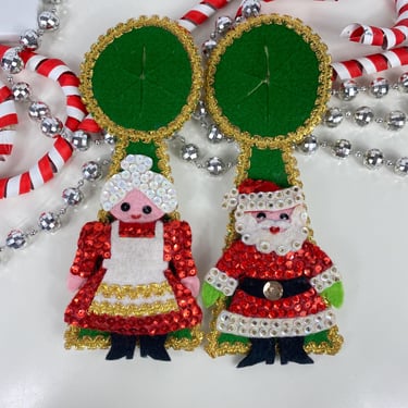 Vintage Felt Christmas Door Handle Decor, Hand Stitched, Hand Made, Felt W/Sequins Santa and Mrs. Claus, set of 2 Santas, Kitschy Christmas 