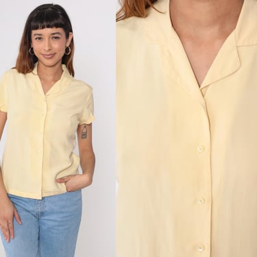 90s Yellow Silk Blouse Button Up Shirt Retro Plain Simple Short Sleeve Top Vintage 1990s Ann Taylor Loft 6P Small Petite 6 